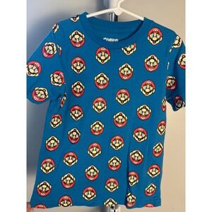 Super Mario Bros Nintendo Boys Blue All Over Print Short Sleeve T-Shirt Size 7